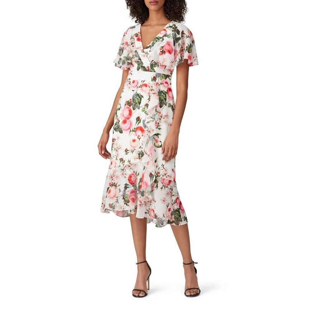 Adrienna Papell White Floral Flutter Sleeve Dress 4 Rent the Runway Preloved 4